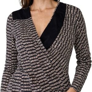 Nicole Farhi Knit Wrap Blouse S Black Gray Cream Geometric Designer Surplice Top